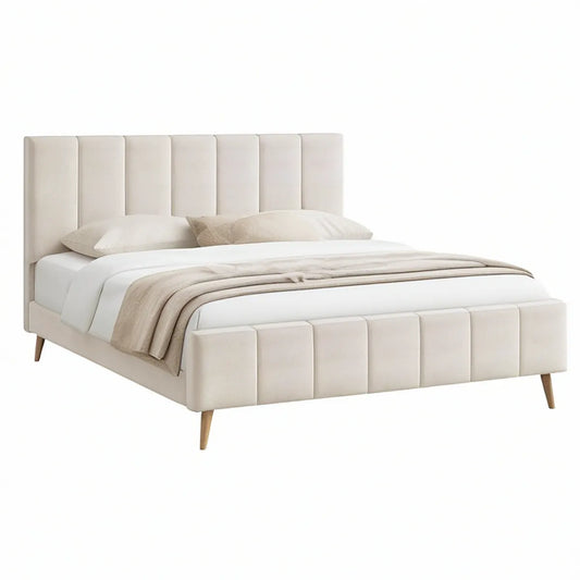 Cama de Casal Estofada Creme 160 x 200 cm com Cabeceira e Peseira Acolchoadas