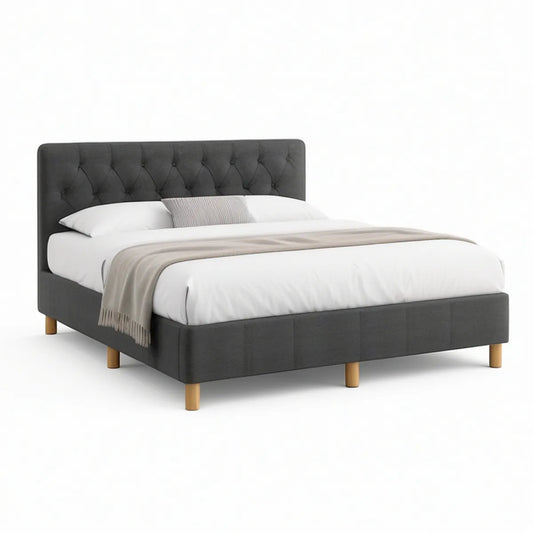 Cama de Casal Estofada 160 x 200 cm em Poliéster Cinzento-Escuro com Estrado de Ripas
